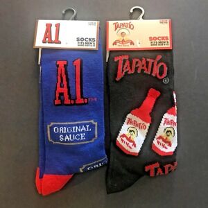 NEW! 2 pair A1 Original Sauce & Tapatio Salsa Hot Sauce Mens Crew Socks Sz 6-12